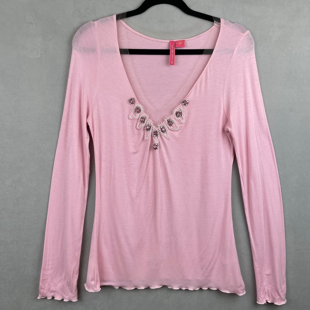 Charlotte Tarantola Pink Beaded V-Neck L/S Stretch Top Lettuce Edge Barbiecore L